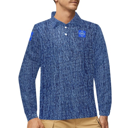 DIONIO Clothing - Stone Wash Denim-like Polo Shirt (Blue Luxury Logo) Men's Long Sleeve Polo Shirt (Model T73)