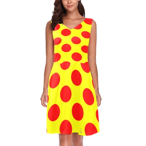 DIONIO Clothing - Ladies' Red & Yellow Polka Dot Chryseis Sleeveless Pleated Dress Chryseis Sleeveless Pleated Dress(Model D07)