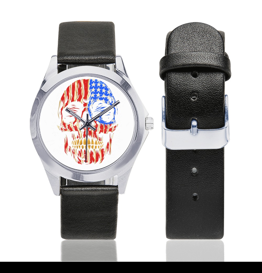 American Flag Skull Head Silver-Tone Round Leather Watch Unisex Silver-Tone Round Leather Watch (Model 216)