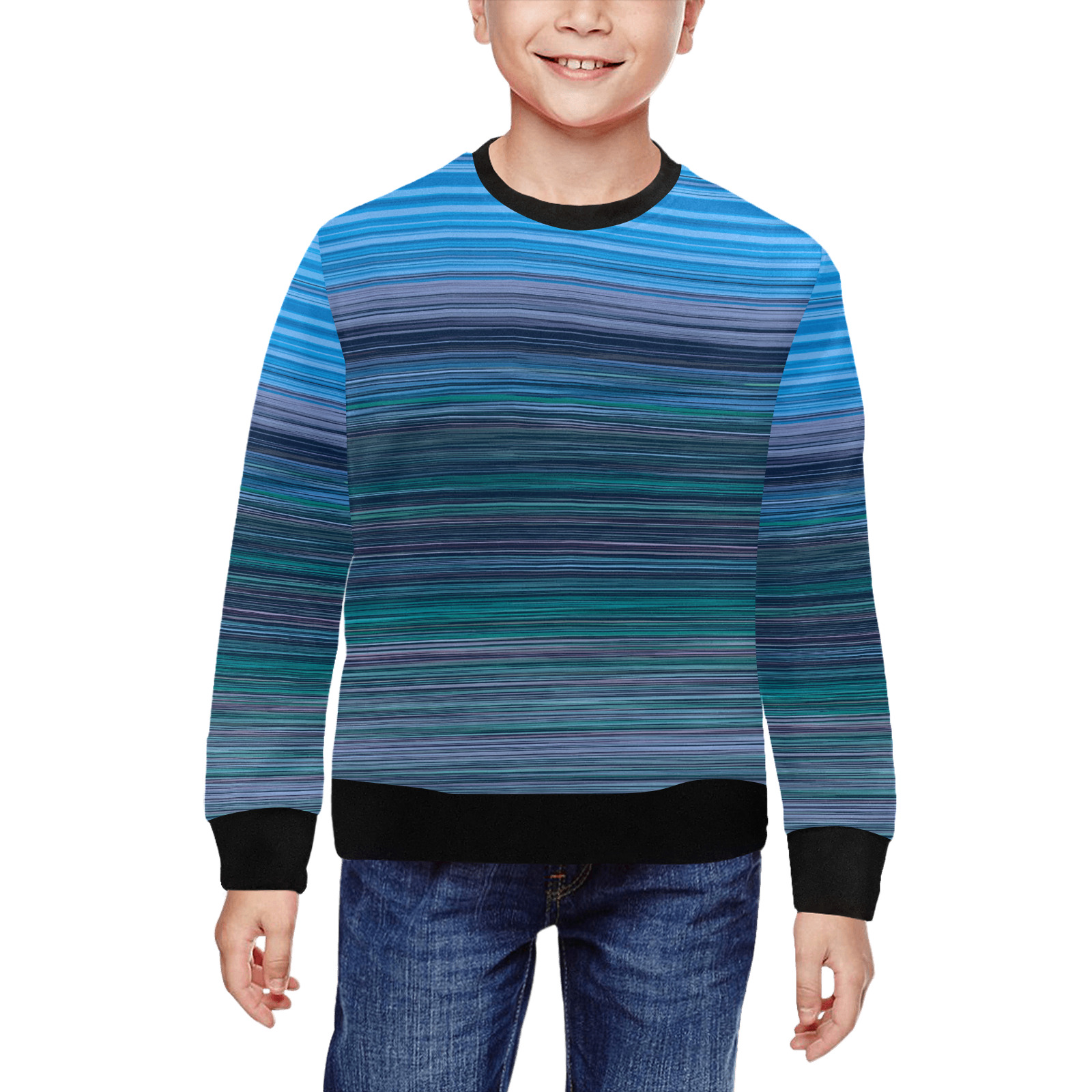 Abstract Blue Horizontal Stripes All Over Print Crewneck Sweatshirt for Kids (Model H29)