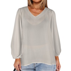Perfectly Pale Women's Loose V-Neck Long Puff Sleeve Top (Model H70)
