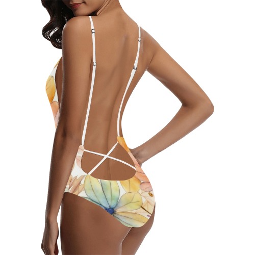 Watercolor Floral 2 Sexy Lacing Backless One-Piece Swimsuit (Model S10)