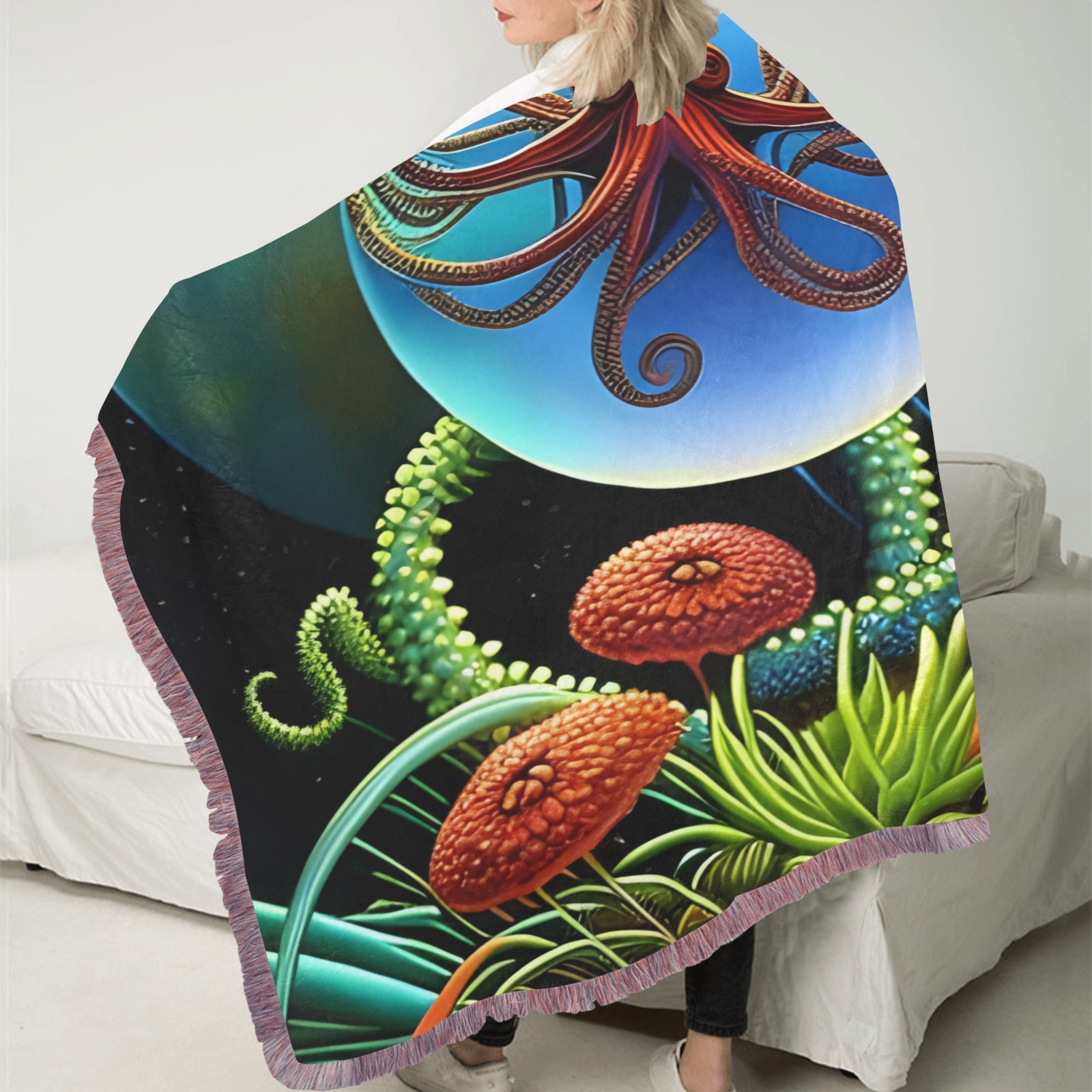 Out Of This World Spheres Octopus Ultra-Soft Fringe Blanket 50"x60" (Mixed Pink)