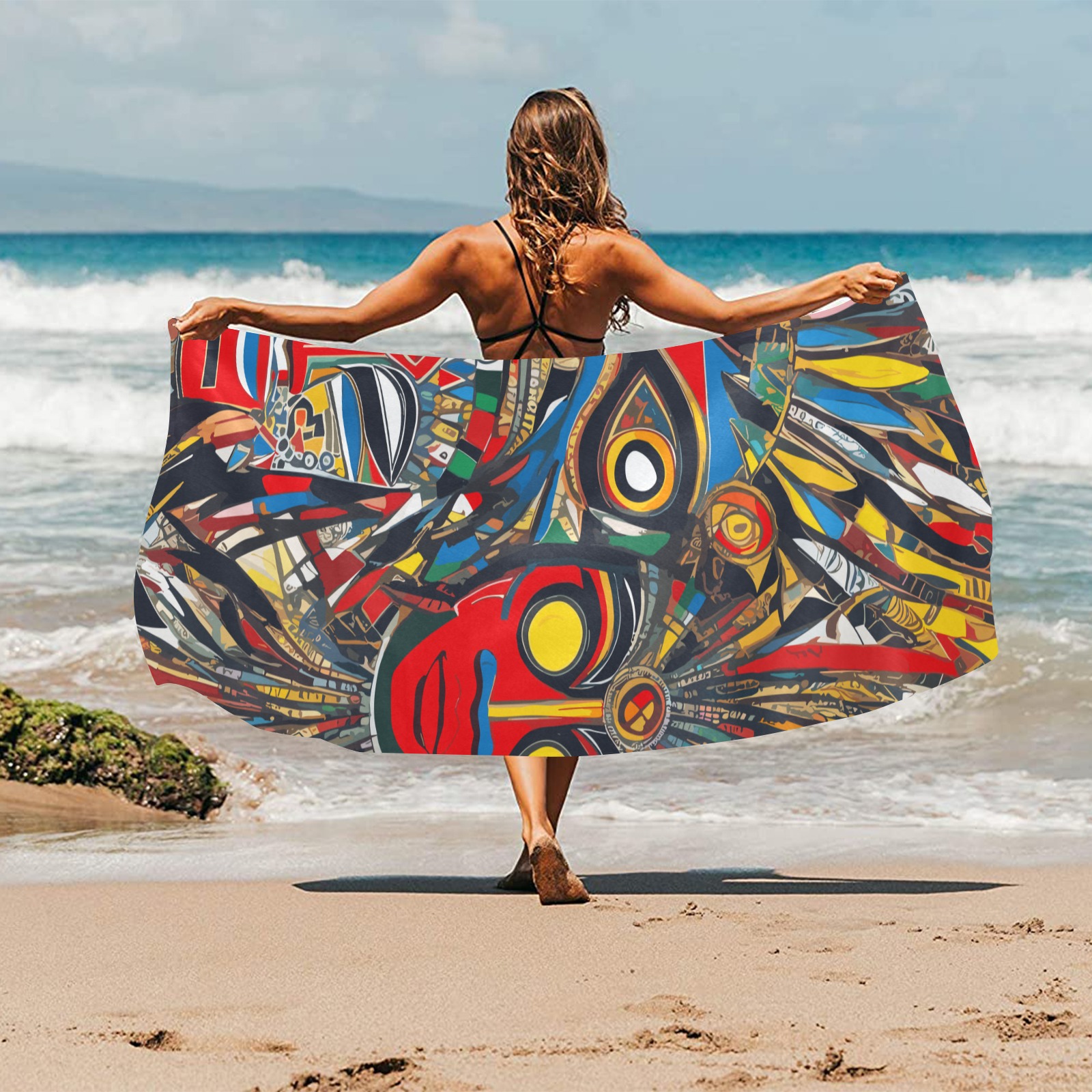 Chic abstract African masks. Colorful abstract art Beach Towel 32"x 71"