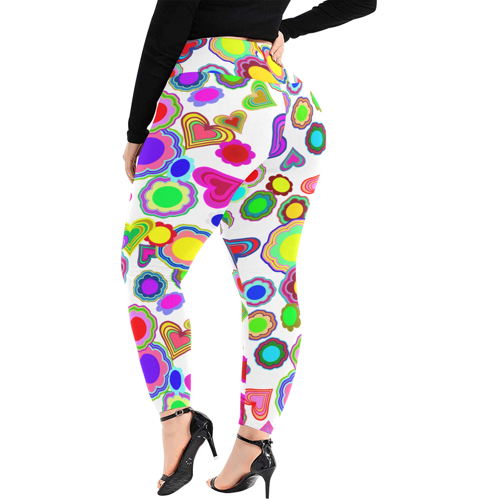 Groovy Hearts and Flowers White Women's Extra Plus Size High Waist Leggings (Model L45)
