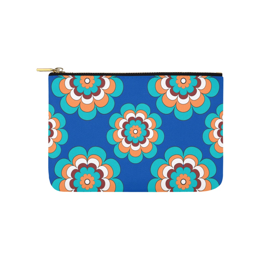 Turquoise Flowers on Blue Carry-All Pouch 9.5''x6''