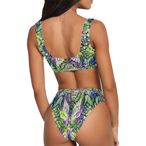 Wired green strips Sport Top & High-Waisted Bikini Swimsuit (Model S07)