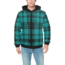 Plaid-Teal Men's Padded Hooded Jacket (Model H42)