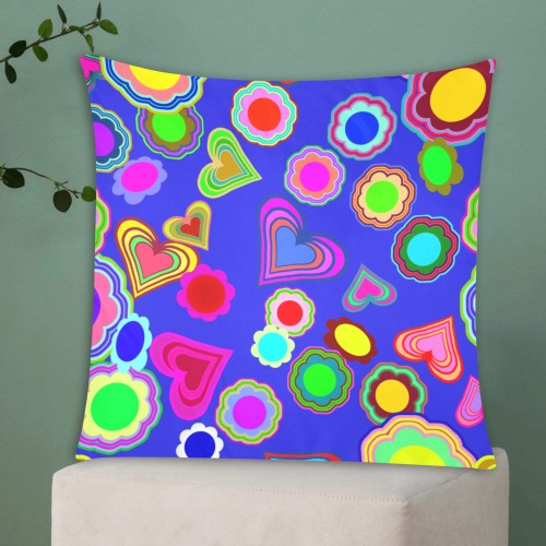 Groovy Hearts Flowers Pattern Blue Custom Zippered Pillow Cases 20"x20" (Two Sides)