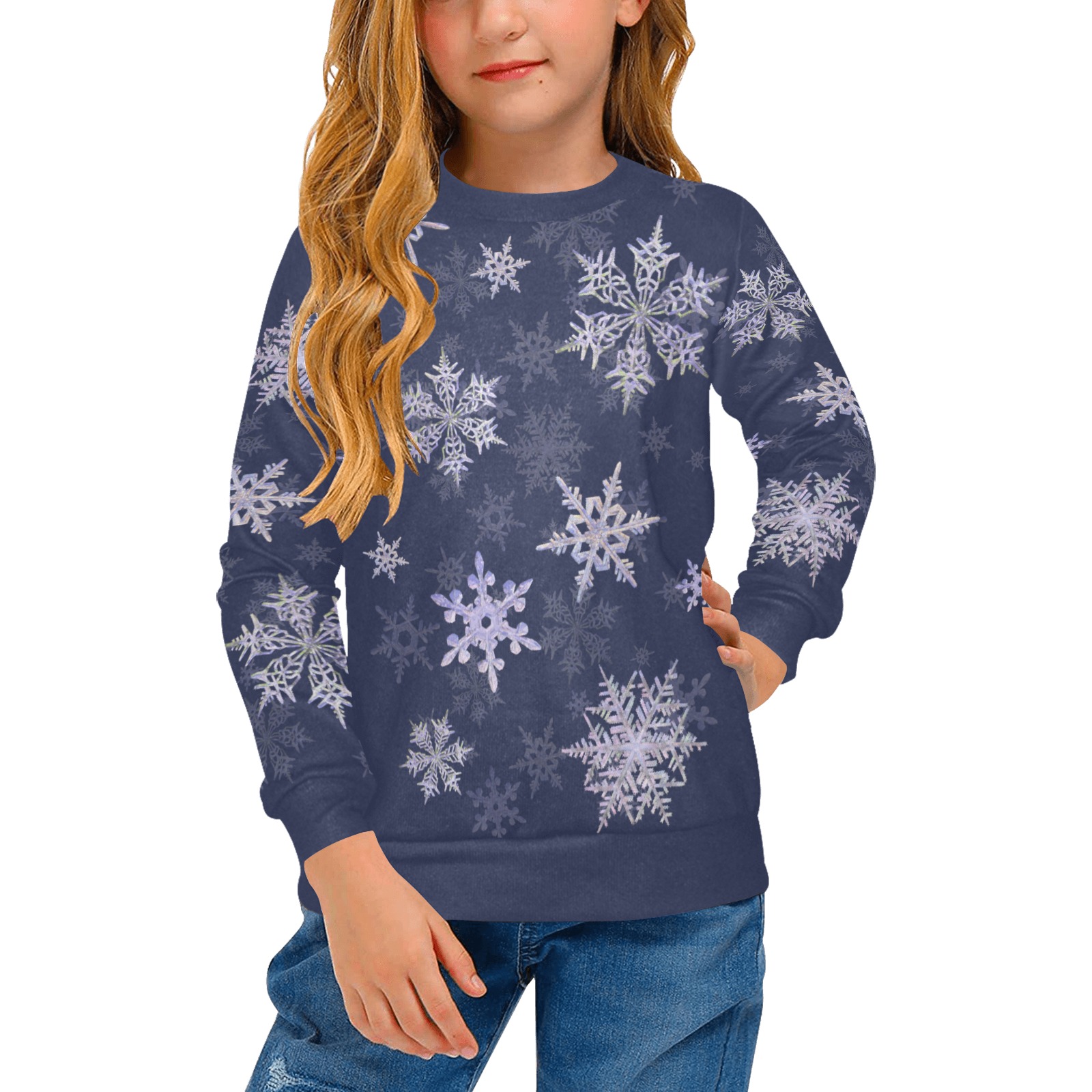 Snowflakes Winter Christmas Time pattern on blue Girls' All Over Print Crew Neck Sweater (Model H49)