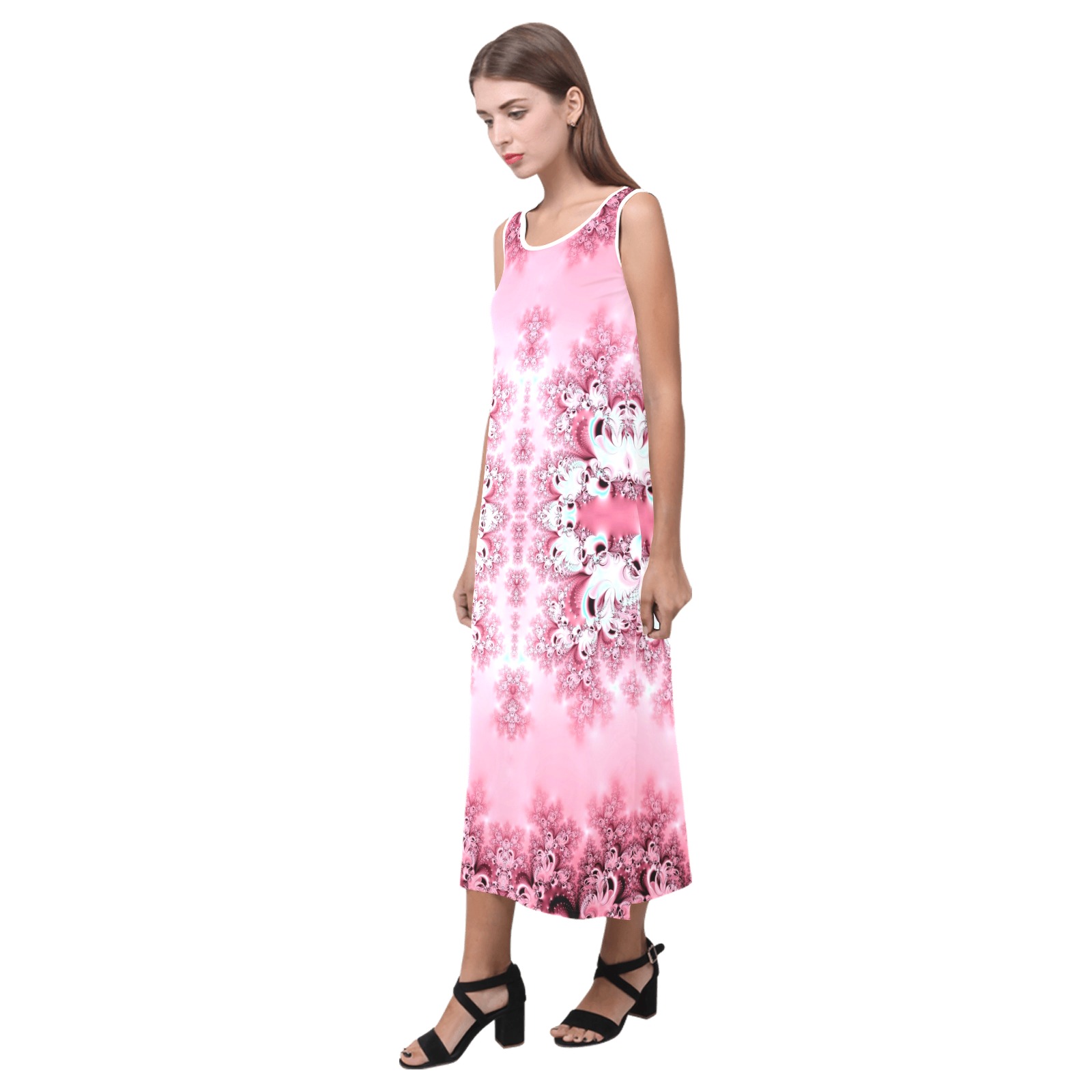 Pink Rose Garden Frost Fractal Phaedra Sleeveless Open Fork Long Dress (Model D08)