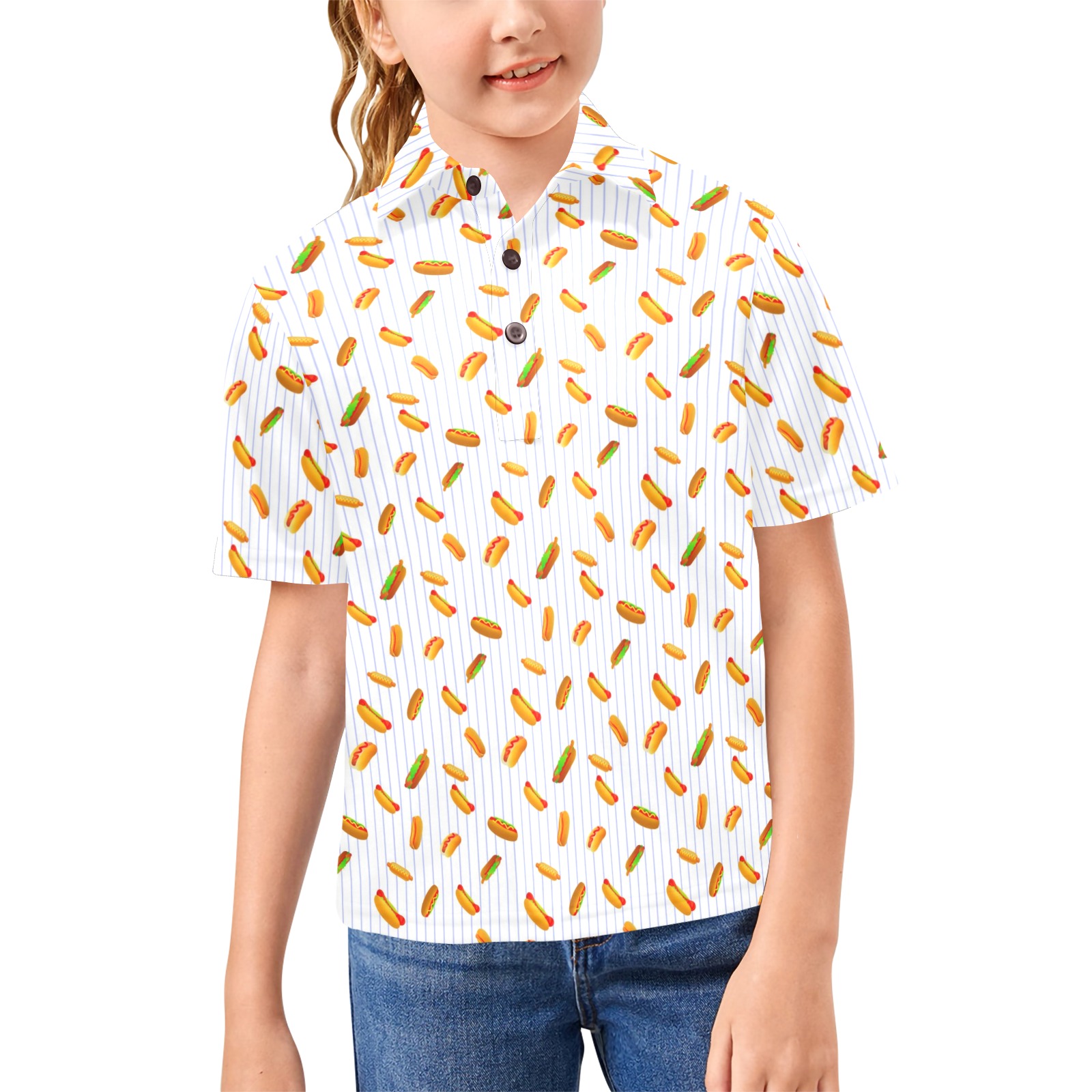 Hot Dog Pattern with Pinstripes Big Girls' All Over Print Polo Shirt (Model T55)