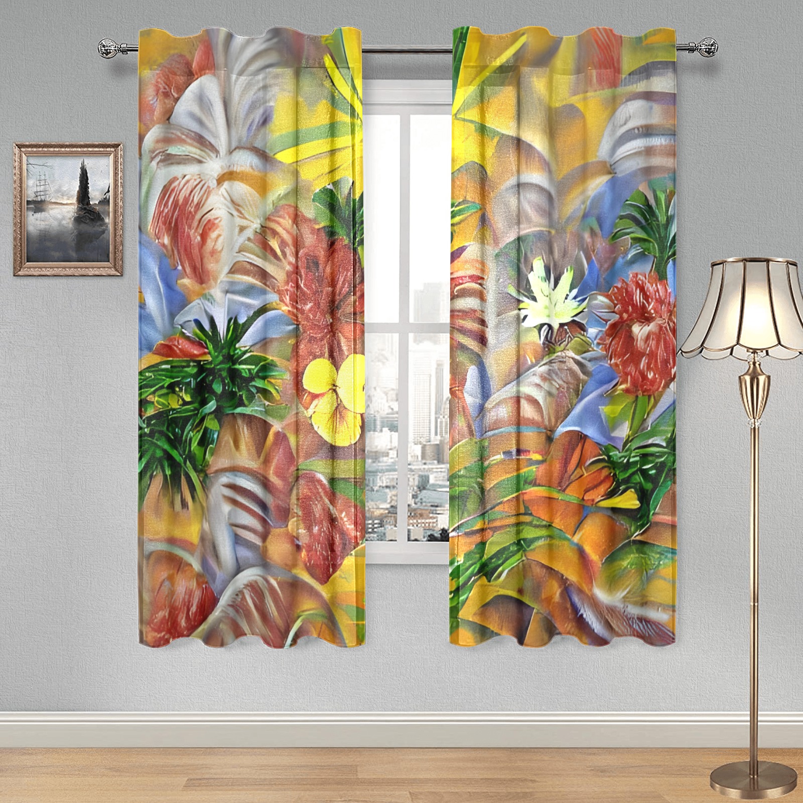 Tropical Abstract Gauze Curtain 28"x63" (Two-Piece)