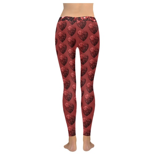 Red sparkles heart faux glitter Valentines Day love pattern Women's Low Rise Leggings (Invisible Stitch) (Model L05)