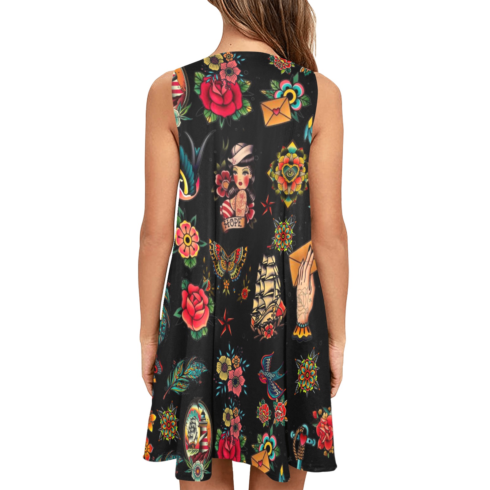 Tattoo Sleeveless A-Line Pocket Dress (Model D57)