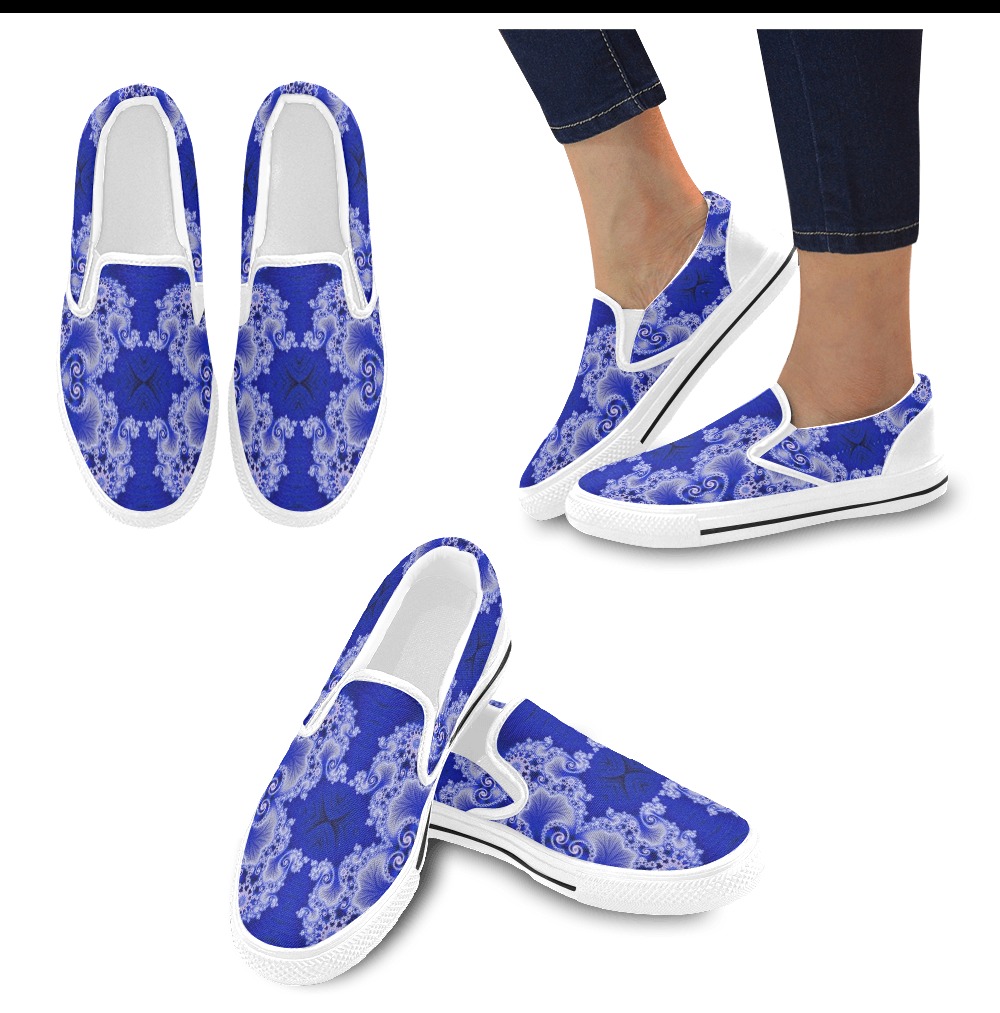 0-White Lace on Blue Velvet Fractal Abstract Women's Slip-on Canvas Shoes (Model 019)