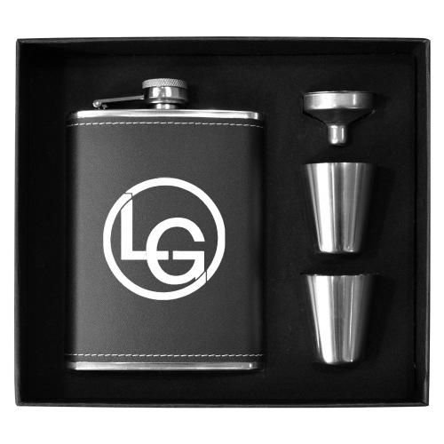 LG White 8oz Black Leather Hip Flask