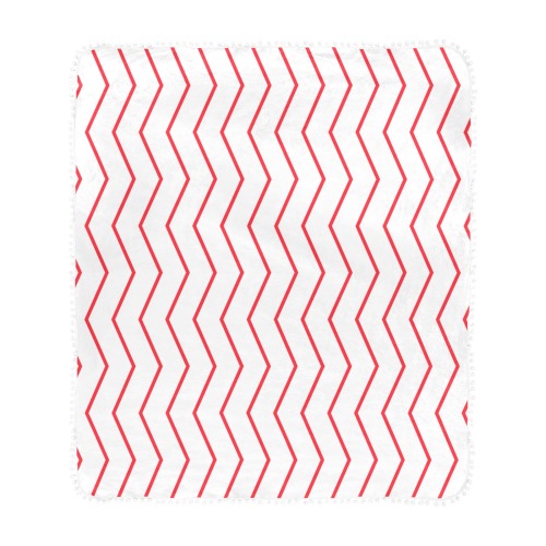 White red chevron vertical lines pattern Pom Pom Fringe Blanket 50"x60"