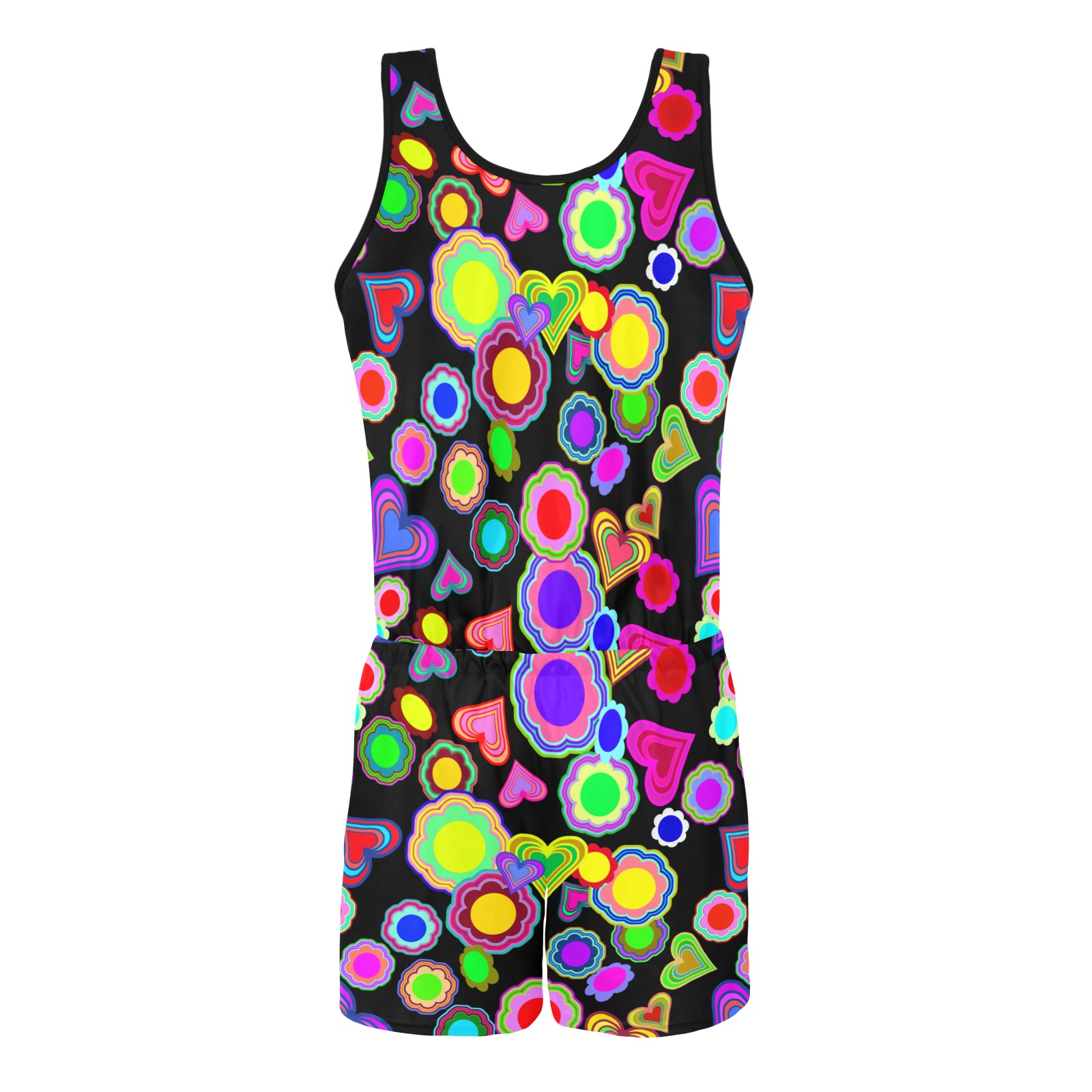 Groovy Hearts and Flowers Black All Over Print Vest Short Jumpsuit