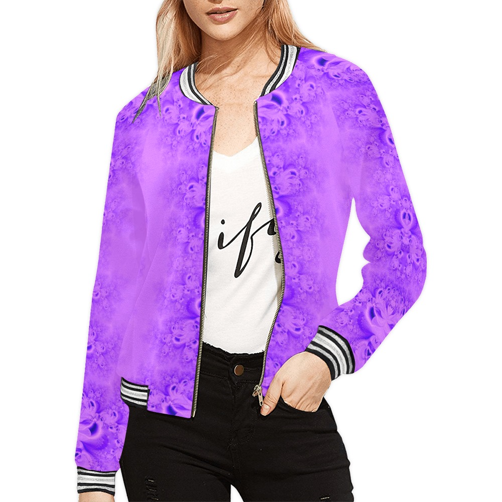 Purple Lilacs Frost Fractal All Over Print Bomber Jacket for Women (Model H21)