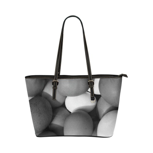 Chicken Eggs in Black and White Leather Tote Bag/Small (Model 1651)
