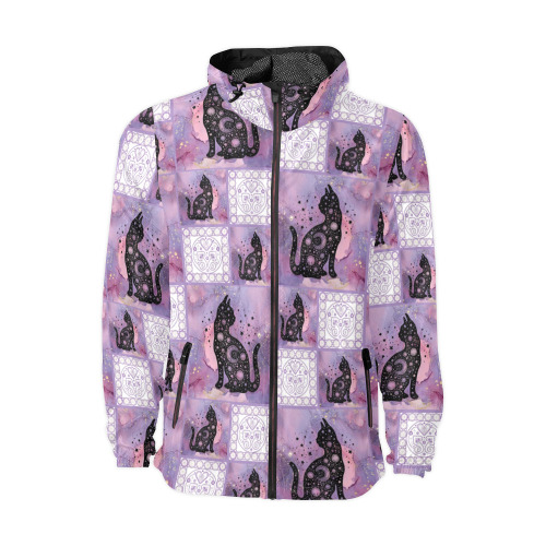 Purple Cosmic Cats Patchwork Pattern Unisex All Over Print Windbreaker (Model H23)