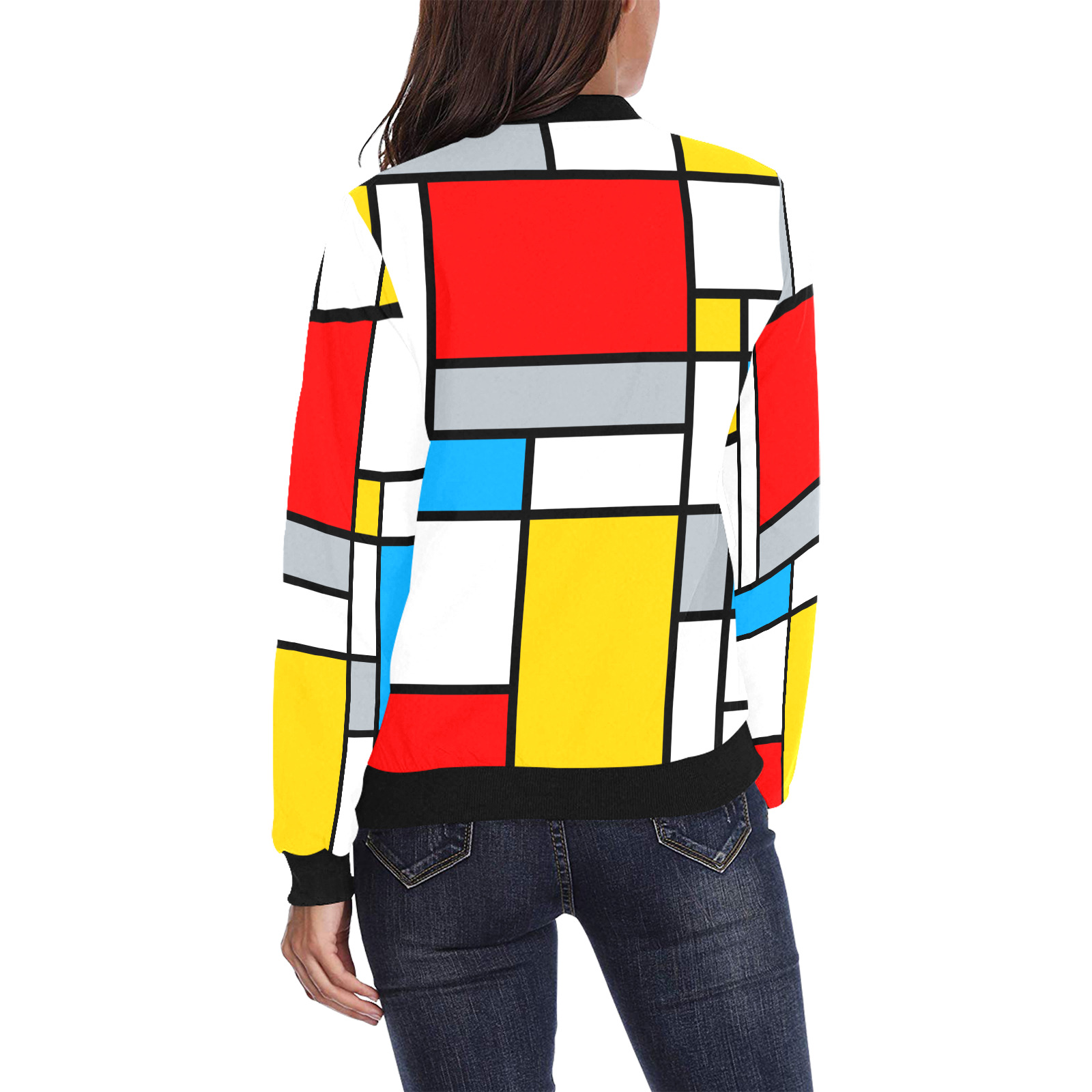 Mondrian Style Color Composition Geometric Retro Art All Over Print Bomber Jacket for Women (Model H36)