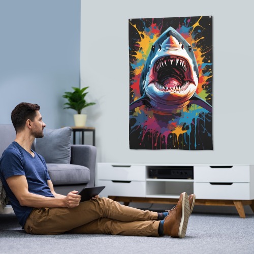 Shark attacks. Chic colorful fantasy art on dark House Flag 34.5"x56"