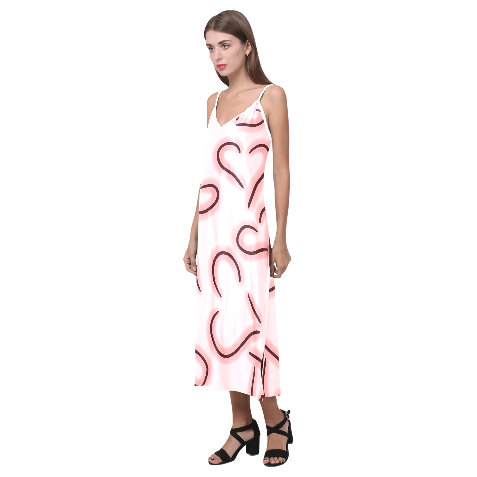 Cute Hearts Red V-Neck Open Fork Long Dress(Model D18)