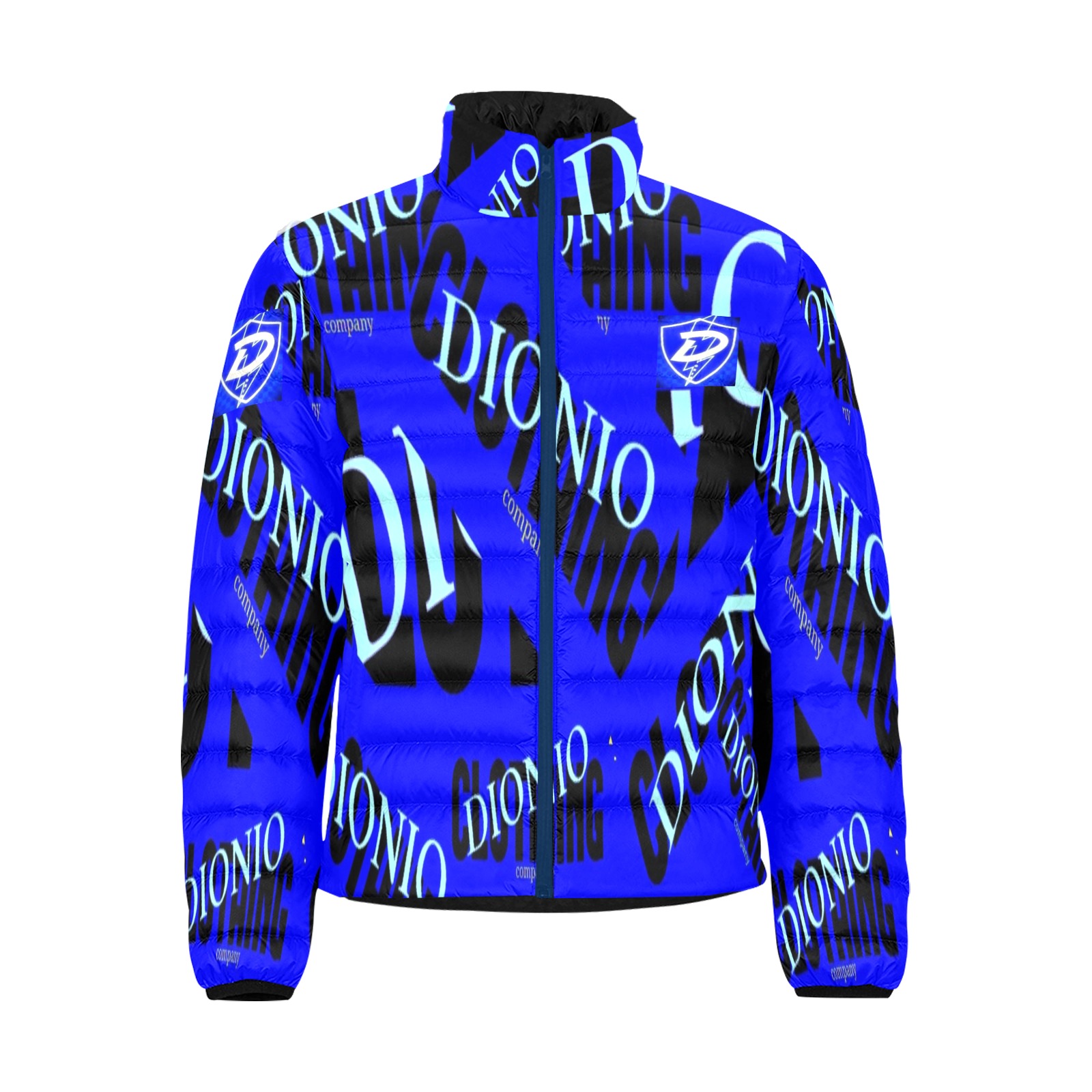 DIONIO Clothing - Men's Collar Padded Jacket (Company Logo Blue Light Blue & Black) Men's Stand Collar Padded Jacket (Model H41)