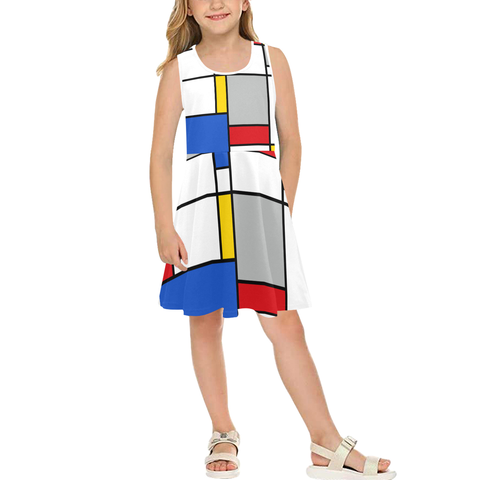 Geometric Retro Mondrian Style Color Composition Girls' Sleeveless Sundress (Model D56)