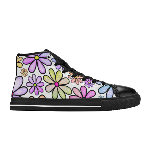 Watercolor Rainbow Doodle Daisy Flower Pattern Women's Classic High Top Canvas Shoes (Model 017)
