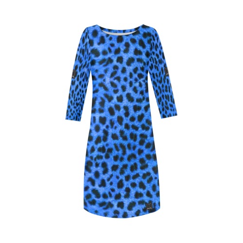 DIONIO Clothing - Ladies' Blue & Black Cheetah Rhea Loose Round Neck Dress Rhea Loose Round Neck Dress(Model D22)