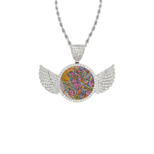 floral print Wings Silver Photo Pendant with Rope Chain