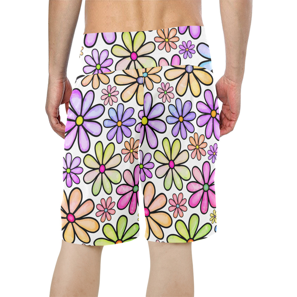 Watercolor Rainbow Doodle Daisy Flower Pattern Men's All Over Print Board Shorts (Model L16)