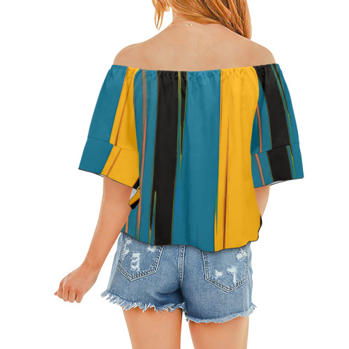 Black Turquoise And Orange Go! Abstract Art Off Shoulder Knot Front Blouse (Model T71)