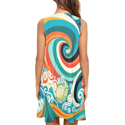 Colorful Ocean Waves Sleeveless A-Line Pocket Dress (Model D57)