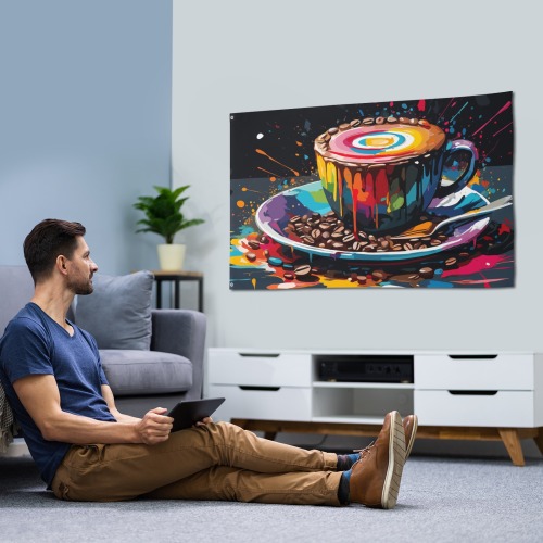 A colorful cup of coffee and beans abstract art House Flag 56"x34.5"