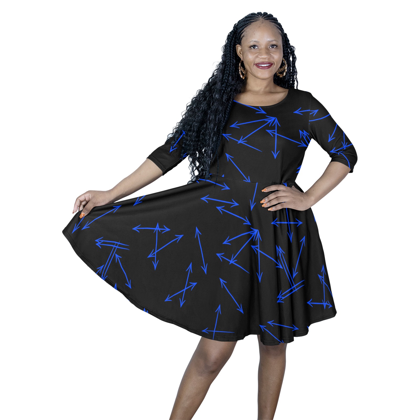 Arrows Every Direction Blue Half Sleeve Skater Dress (Model D61)