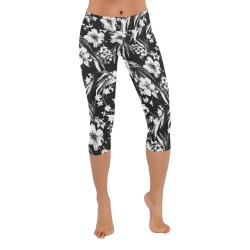 Monochrome Floral Dance Women's Low Rise Capri Leggings (Invisible Stitch) (Model L08)