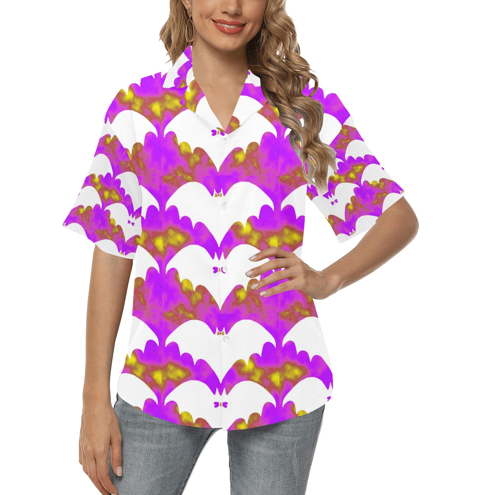 White Bats And Bows Pink Yellow All Over Print Hawaiian Shirt for Women (Model T58)