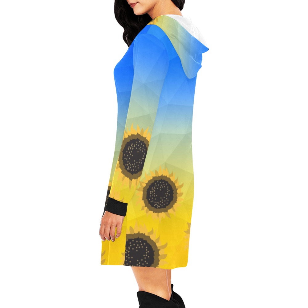 Ukraine yellow blue geometric mesh pattern Sunflowers All Over Print Hoodie Mini Dress (Model H27)