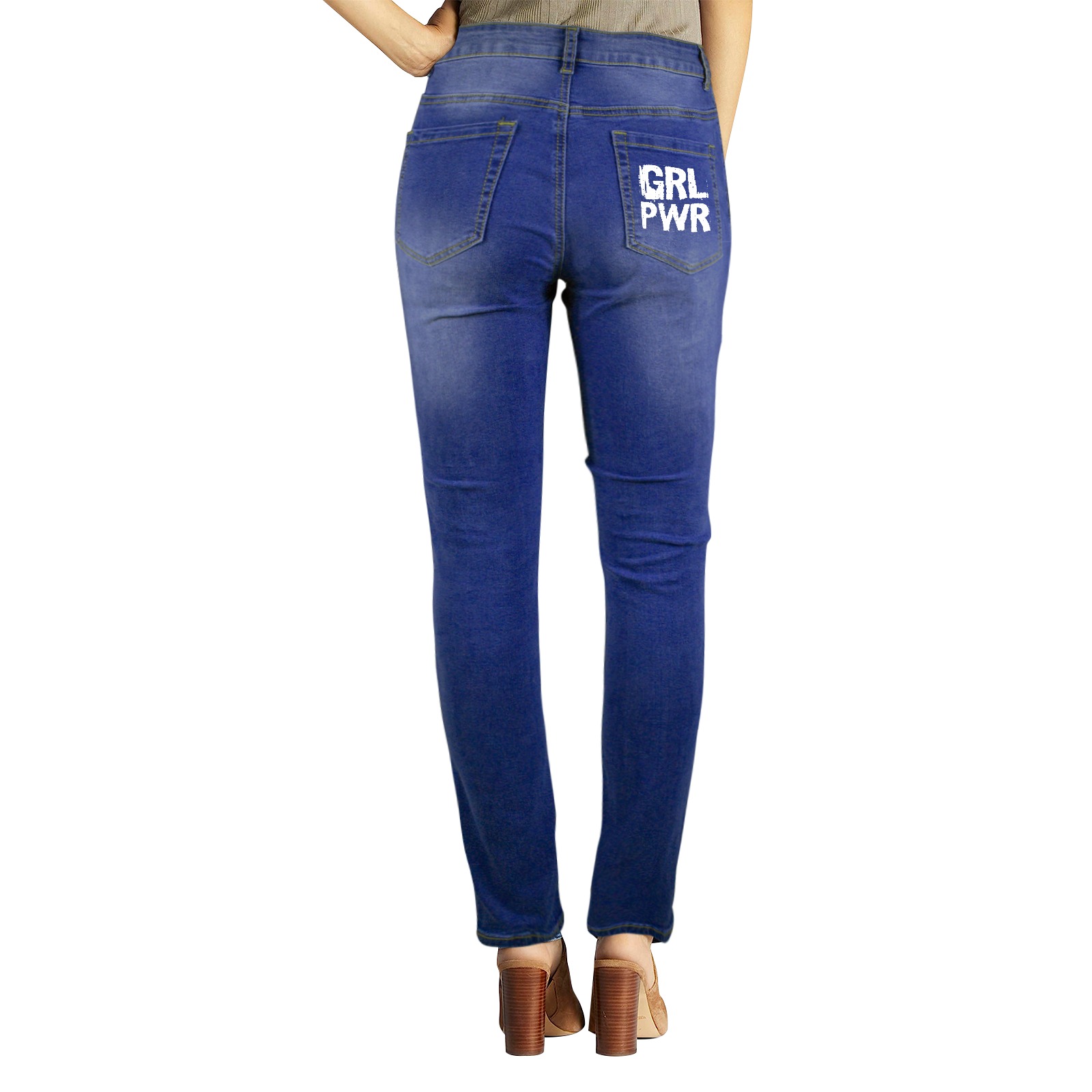 GRL PWR - Girl Power stunning white text. Women's Jeans (Front&Back Printing)