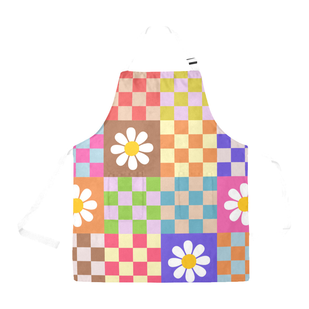 Mid Century Geometric Checkered Retro Floral Daisy Flower Pattern All Over Print Apron