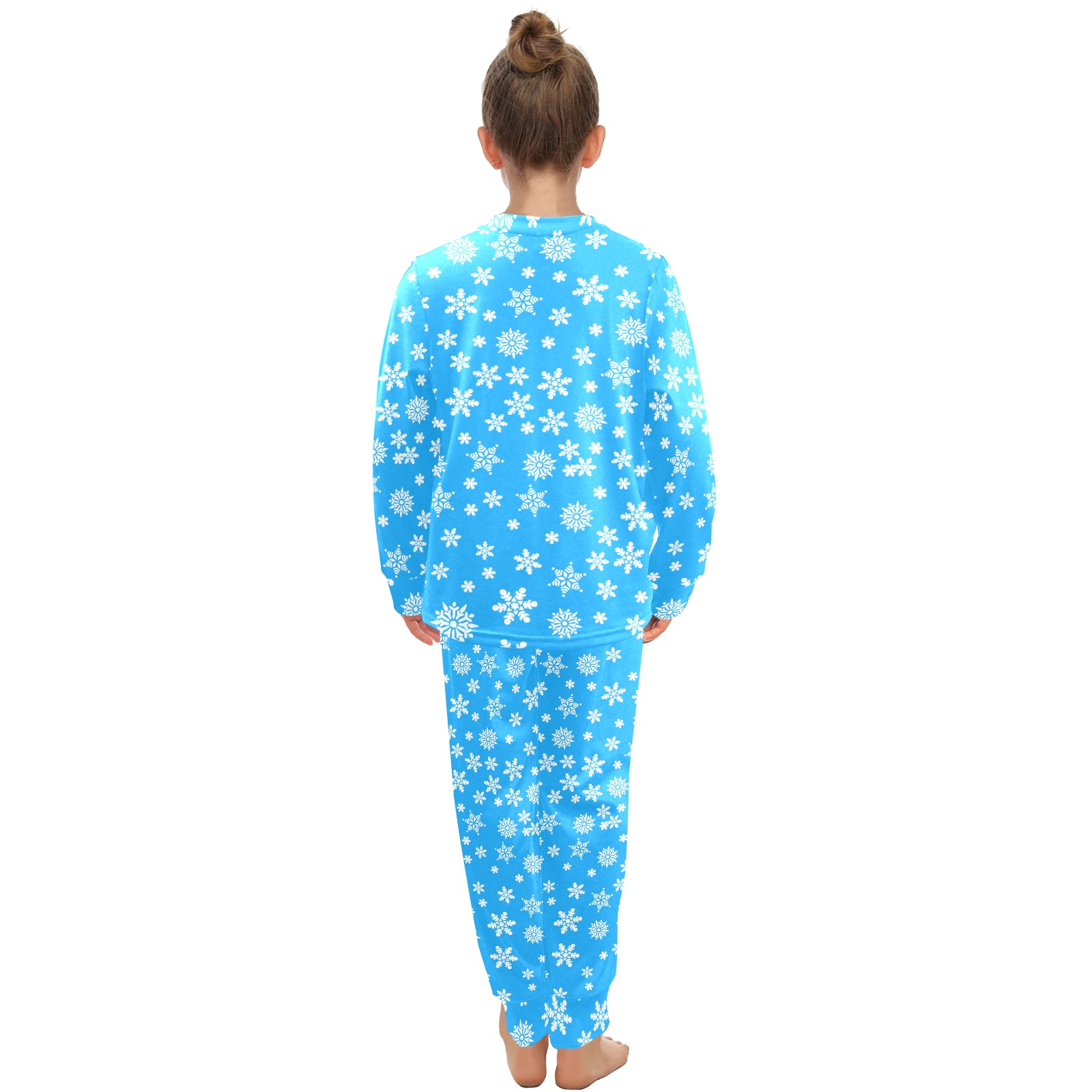 Christmas White Snowflakes on Light Blue Big Girls' Crew Neck Long Pajama Set