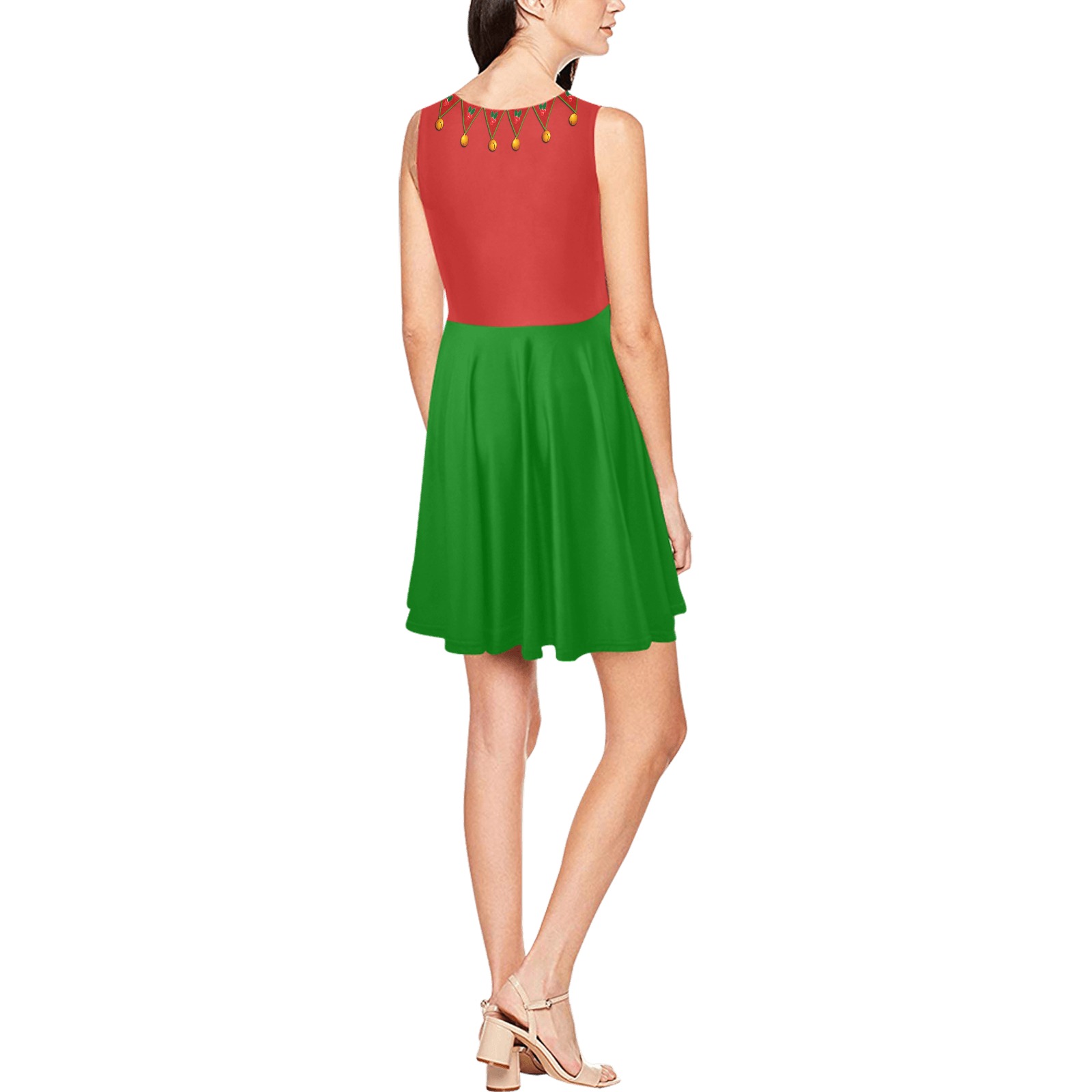 Red Green Elf Costume Thea Sleeveless Skater Dress(Model D19)
