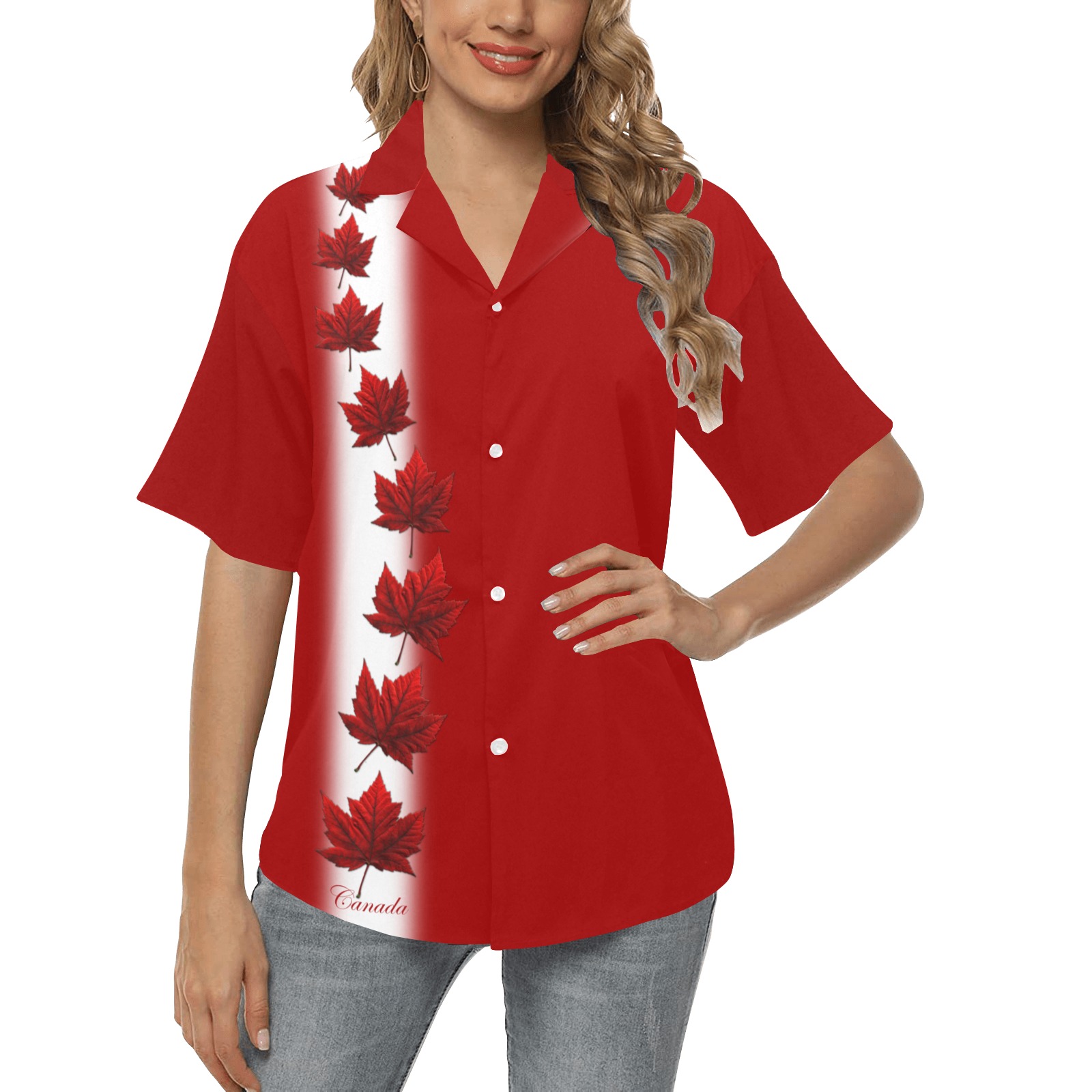 Canada Shirt Women's Maple Leaf Button-Down All Over Print Hawaiian Shirt for Women (Model T58)