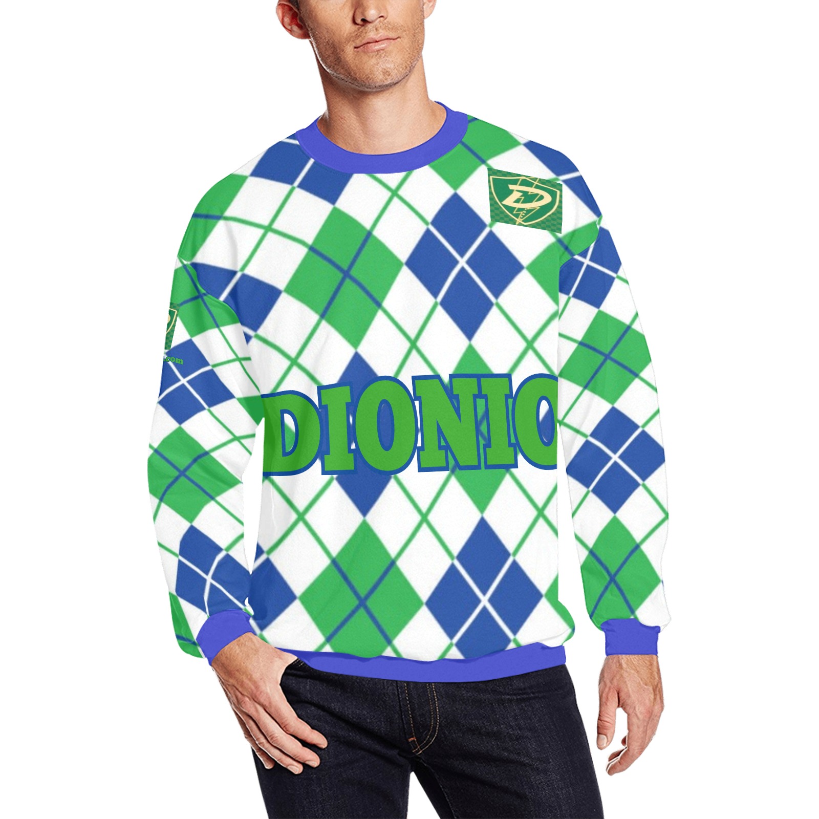 DIONIO Clothing - Argyle Blue,Green & White Diamond Sweatshirt (Green D-Shield Logo) Men's Oversized Fleece Crew Sweatshirt (Model H18)