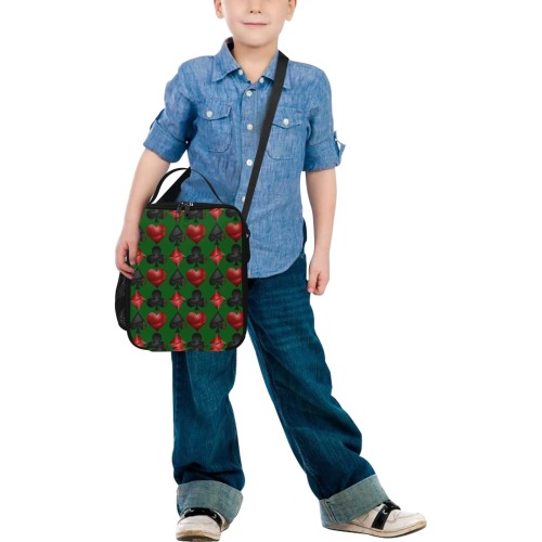 Black Red Playing Card Shapes / Green All Over Print Crossbody Lunch Bag for Kids (Model 1722)