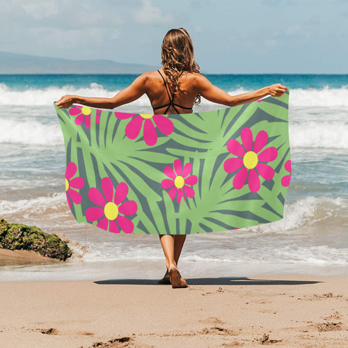 Pink Exotic Paradise Jungle Flowers and Leaves Beach Towel 30"x 60"